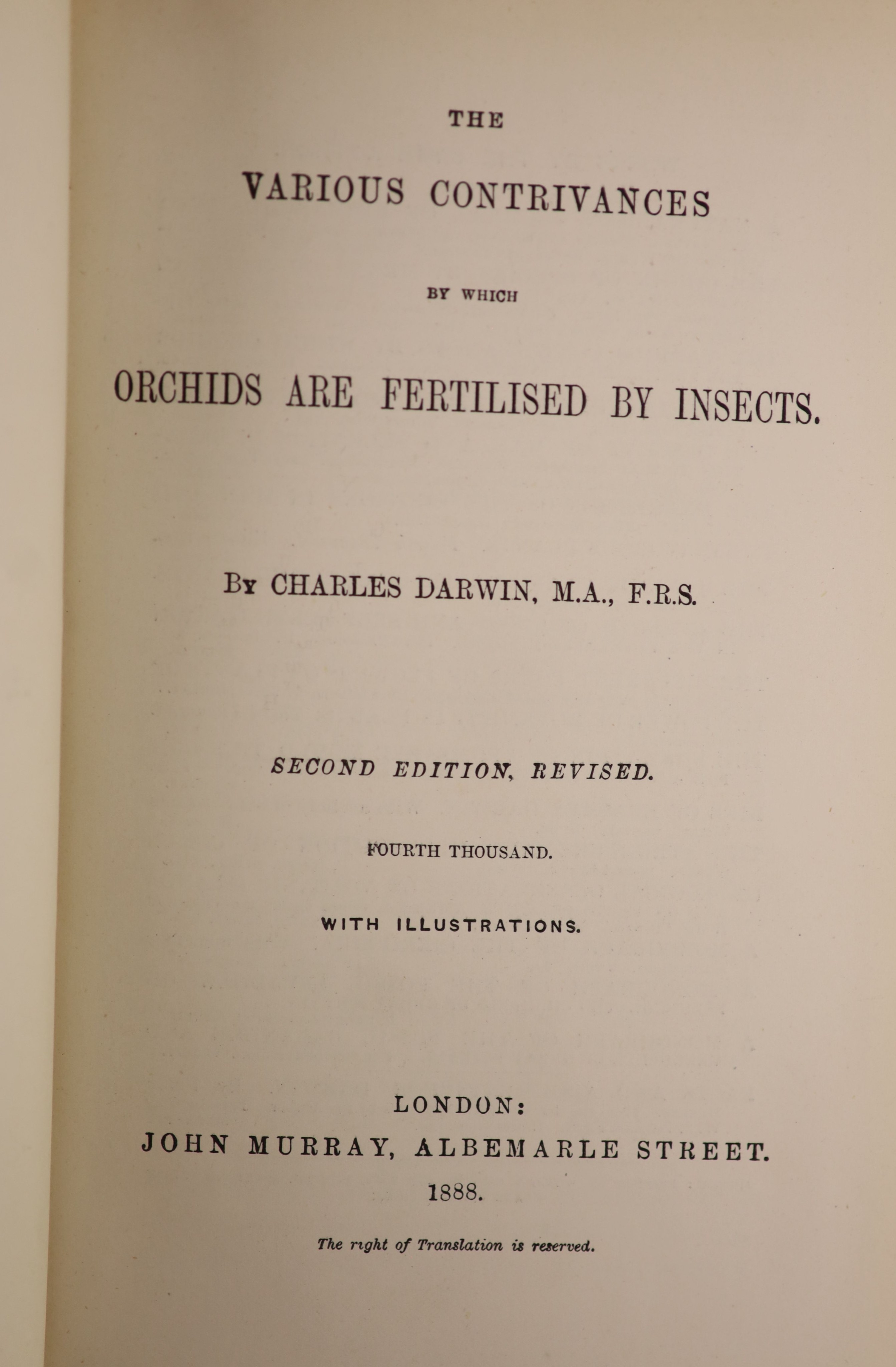 Darwin, Charles - 6 works - The Origin of Species, 6th edition, with folding table, 1886; The Various Contrivances by which Orchids are Fertilised by Insects, 2nd edition, 1888; The Formation of Vegetable Mould through t